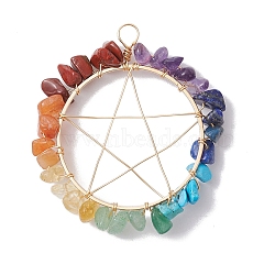 Chakra Gemstone Chips Copper Wire Wrapped Big Pendants, Pentagram Charms, Mixed Dyed and Undyed, Golden, 49~50x44~49x7mm, Hole: 4mm(PALLOY-JF02553-02)