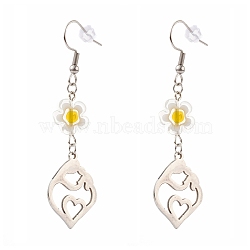 Mother's Day Gifts, Millefiori Glass Flower Dangle Earrings, with 304 Stainless Steel Earring Hooks and Ear Nuts, Heart with Mother and Child, Stainless Steel Color, 62mm, Pin: 0.7mm(EJEW-JE04468-02)