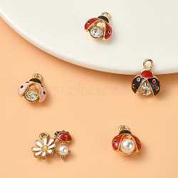 5Pcs 5 Styles Alloy Rhinestones Pendants, with Enamel and ABS Plastic Imitation Pearl Bead, Light Gold, Ladybug, Mixed Color, 13~15x11.5~16x4~7mm, Hole: 1.6~2mm, 1pc/style(ENAM-YW0003-37)