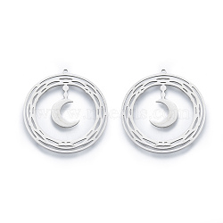 201 Stainless Steel Pendants, Ring with Moon, Stainless Steel Color, 33.5x31.5x1mm, Hole: 1.6mm(STAS-N090-LA913-1-1)