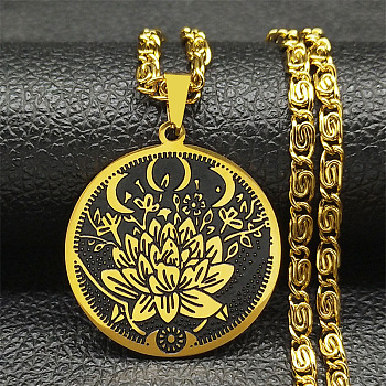 304 Stainless Steel Lunar Lotus Talisman Pendant Necklaces, Lumachina Chains Necklaces, Real 18K Gold Plated, 19.69 inch(50cm)