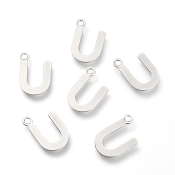 201 Stainless Steel Charms, Alphabet, Letter.U, 12x8x0.6mm, Hole: 1.4mm