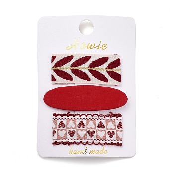 Cloth Snap Hair Clips Set, with Platinum Iron Snap Clips, Rectangle & Oval, with Heart & Leaf Pattern, Red, 59~70x21~24x2~5.5mm, 3pcs/set
