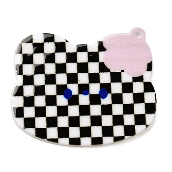 Acrylic Pendants, Checkerboard with Cat, Black, 49x45.5x2mm, Hole: 1.6mm