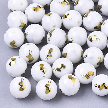 Christmas Opaque Glass Beads, Round with Electroplate Christmas Sock Pattern, Golden Plated, 10mm, Hole: 1.2mm