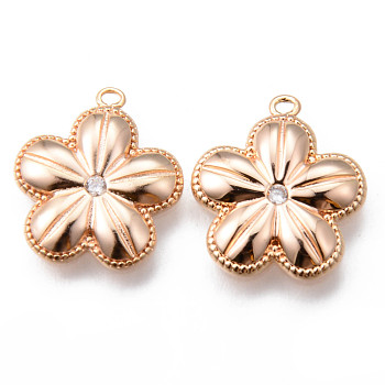 Brass Micro Cubic Clear Zirconia Pendants, 5 Petal Flower, Nickel Free, Real 18K Gold Plated, 17x15x2.5mm, Hole: 1.2mm