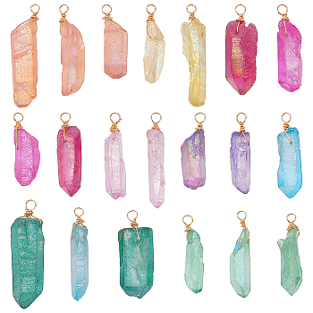 20Pcs Electroplated Natural Quartz Crystal Pendants, Light Gold Plated Copper Wire Wrapped Faceted Nuggets Charms, Mixed Color, 30~45x8~15x5~8mm, Hole: 3.5mm