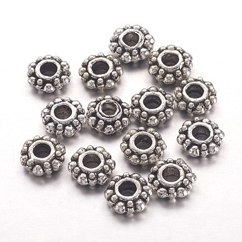 Tibetan Style Spacer Beads, Lead Free and Cadmium Free, Snowflake, for Christmas, Antique Silver, about 7mm in diameter, 2mm thick, Hole: 2.5mm