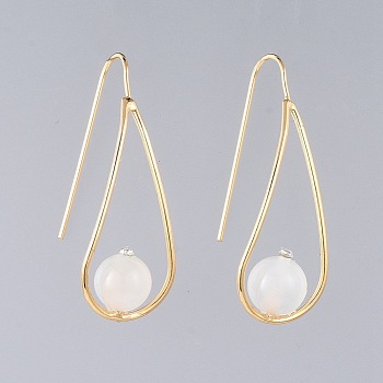 Natural White Moonstone Dangle Earrings, with Rhinestone, Brass Earring Hook and Cardboard Jewelry Set Boxes, Teardrop, Real 18K Gold Plated, 36~37x14mm, Pin: 0.7mm