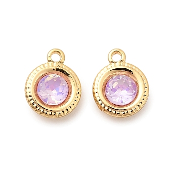 Brass Glass Charms, Flat Round, Nickel Free, Real 18K Gold Plated, Faceted, Pearl Pink, 9x7.5x4mm, Hole: 1mm