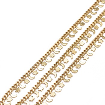 Brass Curb Chains, with Star & Moon Brass Charms and Spool, Long-Lasting Plated, Soldered, Real 18K Gold Plated, Link: 3.5x2.5x1mm, Star: 3.5x3.5x0.6mm, Moon: 4x3x0.6mm, about 16.4 Feet(5m)/roll