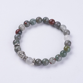 Natural Bloodstone Beads Stretch Bracelets, with Alloy Finding, Buddha's Head, 2-1/8 inch(55mm)