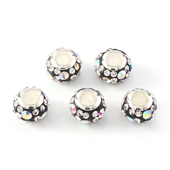 Handmade Polymer Clay Rhinestone European Beads, Large Hole Beads, with Brass Silver Color Core, Rondelle, Black, 11x7.5mm, Hole: 5mm