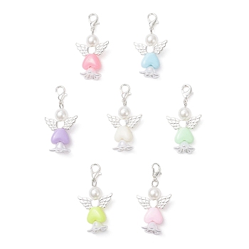 Acrylic Pendant Decorations, Angel with Heart, with Alloy Lobster Claw Clasps, Silver, 41mm