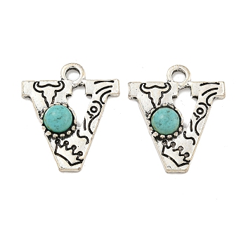 Synthetic Turquoise & Alloy Pendants, Letter Charms, Antique Silver, Letter V, 24.5x21x5mm, Hole: 3mm