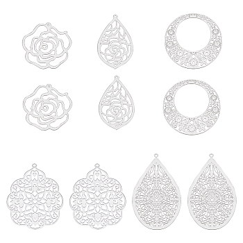 10Pcs 5 Style 304 Stainless Steel Big Filigree Pendants, Laser Cut, Stainless Steel Color, 34~63x24~45x0.4mm, Hole: 1~1.8mm, 2pcs/style