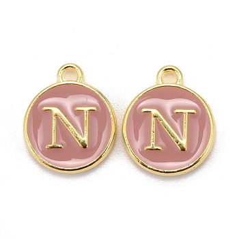 Golden Plated Alloy Enamel Charms, Cadmium Free & Lead Free, Enamelled Sequins, Flat Round with Letter, Pink, Letter.N, 14x12x2mm, Hole: 1.5mm