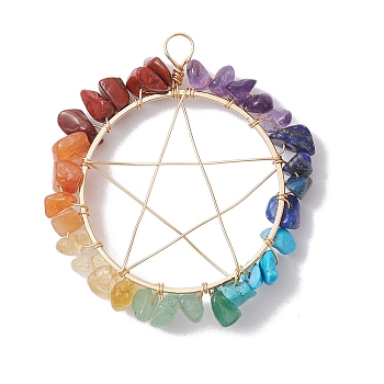 Chakra Gemstone Chips Copper Wire Wrapped Big Pendants, Pentagram Charms, Mixed Dyed and Undyed, Golden, 49~50x44~49x7mm, Hole: 4mm