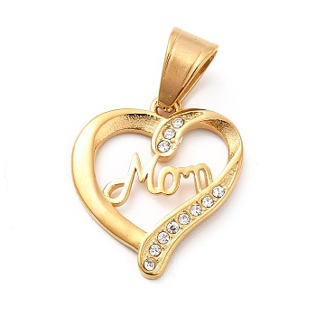 Mother's Day Theme 304 Stainless Steel Pendants, with Crystal Rhinestone, Heart and Word "Love" Charms, Golden, 23x20x2mm, Hole: 8x5mm