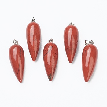 Natural Red Jasper Pointed Pendants, with Platinum Brass Findings, Bullet, 32~33x12mm, Hole: 2.5x6mm