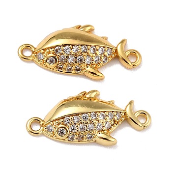 Brass Micro Pave Clear Cubic Zirconia Links Connectors, Fish, Real 18K Gold Plated, 10x21x3.5mm, Hole: 1.4mm