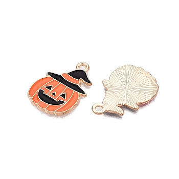 Halloween Theme Alloy Enamel Pendants, Light Gold, Pumpkin, 27x20x1.5mm, Hole: 2mm