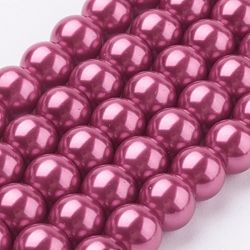 Eco-Friendly Glass Pearl Beads Strands, Grade A, Round, Dyed, Cotton Cord Threaded, Medium Violet Red, 8mm, Hole: 1.2~1.5mm, about 52pcs/strand, 15.7 inch