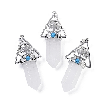 Natural Quartz Crystal Faceted Pointed Bullet Rock Crystal Big Pendants, Rack Plating Brass Tree of Life Triangle Charms, Platinum, Lead Free & Cadmium Free, 56~57x26.5~27x16.5~17mm, Hole: 6x4mm