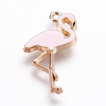 Alloy Enamel Pendants, Flamingo Shape, Pink, Light Gold, 26x14x2.5mm, Hole: 1mm