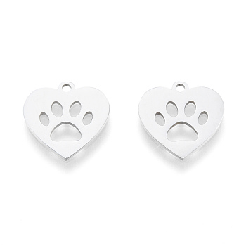 201 Stainless Steel Charms, Laser Cut Pendants, Heart with Dog Paw Prints , Stainless Steel Color, 15x15x1mm, Hole: 1.5mm