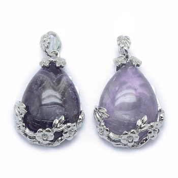 Natural Amethyst Pendants, with Alloy Findings, teardrop, Platinum, 40.5x28.5x10mm, Hole: 4.5x8mm