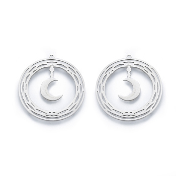 201 Stainless Steel Pendants, Ring with Moon, Stainless Steel Color, 33.5x31.5x1mm, Hole: 1.6mm