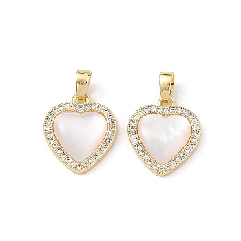 Valentine's Day Brass Micro Pave Clear Cubic Zirconia Pendants, with Shell, Heart Charms, Real 18K Gold Plated, 16x14x3mm, Hole: 4x2.5mm