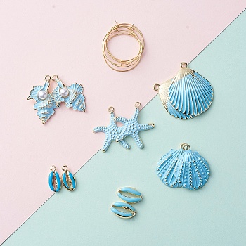 DIY Earring Making, 304 Stainless Steel Hoop Earrings, Spray Painted Alloy Pendants and Alloy Enamel Beads, Sky Blue, 25mm, Pin: 0.7mm, 12pcs/bag, Pendant: 17~35.5x8.5~29.5x3.5~7mm, 12pcs/bag