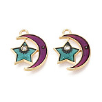 Alloy Enamel Pendants, with Crystal Rhinestone with Glitter Powder, Purple Moon with Blue Star Charms, Cadmium Free & Lead Free, Light Gold, 18x14x2mm, Hole: 1.6mm(ENAM-S126-007-01)