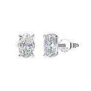 Rhodium Plated 925 Sterling Silver Micro Pave Cubic Zirconia Ear Studs for Women, with S925 Stamp, Oval, Real Platinum Plated, 6x4mm(EJEW-P231-02P)