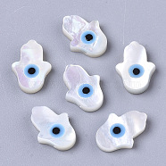 Natural White Shell Mother of Pearl Shell Beads, Top Drilled Beads, with Synthetic Turquoise, Hamsa Hand/Hand of Fatima/Hand of Miriam with Evil Eye, Deep Sky Blue, 10x8x2mm, Hole: 0.6mm(X-SSHEL-N034-57A)