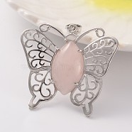 Butterfly Platinum Tone Brass Natural Rose Quartz Pendants, 43x45x7mm, Hole: 9x5mm(G-M288-02)