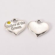 Wedding Theme Antique Silver Tone Tibetan Style Alloy Heart with Mother of the Groom Rhinestone Charms, Cadmium Free & Lead Free, Citrine, 14x16x3mm, Hole: 2mm(TIBEP-N005-17D)