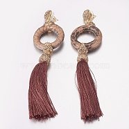 Nylon Tassel Stud Earrings, with Snakeskin Leather, Polymer Clay Rhinestone, Brass Findings and Iron Pins, Ring, Golden, Saddle Brown, 145mm, Pendant: 128x35x12mm, Pin: 0.8mm(EJEW-P140-G02)