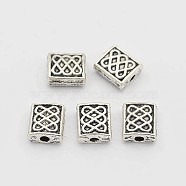 Tibetan Style Alloy Beads, Rectangle Carved Endless Knot, Antique Silver, 6x7x3mm, Hole: 1mm(TIBEB-O004-75)