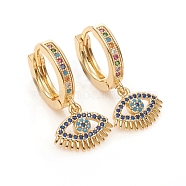 Brass Micro Pave Cubic Zirconia Huggie Hoop Earrings, Long-Lasting Plated, Eye, Colorful, Golden, 27mm, Pin: 1mm(EJEW-G276-04G)