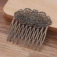 Iron Hair Comb Findings, with Filigree Brass Flower, Antique Bronze, 56x56.5mm(OHAR-PW0001-433AB)