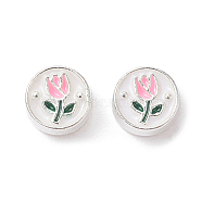 Alloy Enamel Beads, Silver, Flat Round with Tulip Pattern, Pink, 5.5x3mm, Hole: 1.2mm(FIND-C031-01)