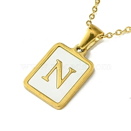 Ion Plating(IP) Rectangle with Initial Letter 304 Stainless Steel Pendant Necklace, white Shell, Real 18K Gold Plated, Letter N, 16.06 inch(40.8cm)(NJEW-R265-04G-N)