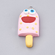 Handmade Polymer Clay Pendants, with Iron Findings, Ice Cream with Smile, Platinum, Pearl Pink, 34~35x16~17x8~9mm, Hole: 2mm(X-CLAY-T012-23E)