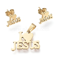Easter 304 Stainless Steel Jewelry Sets, Pendants and Stud Earrings, with Ear Nuts, Word I Love JESUS, Golden, 14.5x19x1mm, Hole: 5x3mm, 7.5x10.5mm, Pin: 0.7mm(SJEW-K154-16G)
