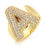 Brass Micro Pave Clear Cubic Zirconia Letter Open Cuff Ring for Women, Real 18K Gold Plated, Letter A, 22x18mm, Inner Diameter: 21mm(RJEW-M173-01G-A)