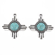 Tibetan Style Alloy Pendants, with Synthetic Turquoise, Cadmium Free & Lead Free, Cross, Antique Silver, 36.8x34x7mm, Hole: 2.3mm(X-PALLOY-S120-294AS-RS)