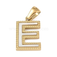 Natural White Shell Alphabet Pendants, Ion Plating(IP) Real 18K Gold Plated 304 Stainless Steel Charms, Letter E, 17x11.5x1.5mm, Hole: 5x3mm(STAS-M338-02G-E)